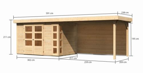 dřevěný domek KARIBU KERKO 4 + přístavek 280 cm včetně zadní stěny (9191) natur