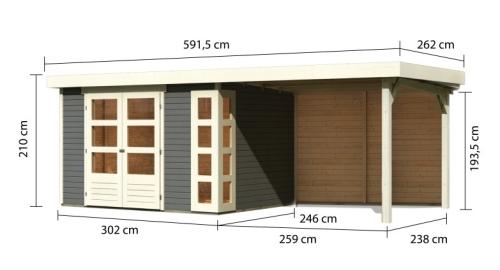 dřevěný domek KARIBU KERKO 5 + přístavek 280 cm včetně zadní stěny (9207) terragrau