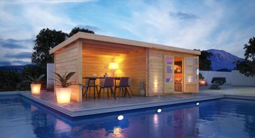 dřevěný domek KARIBU BASTRUP 7 + přístavek 400 cm včetně zadní a boční stěny (9316) natur