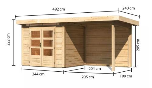 fából készült kerti ház KARIBU KANDERN 2 + egy menedéket 235 cm beleértve a hátsó falat is (23610) natur