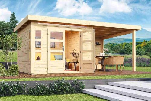 dřevěný domek KARIBU KASTORF 6 + přístavek 320 cm včetně zadní stěny (31544) natur