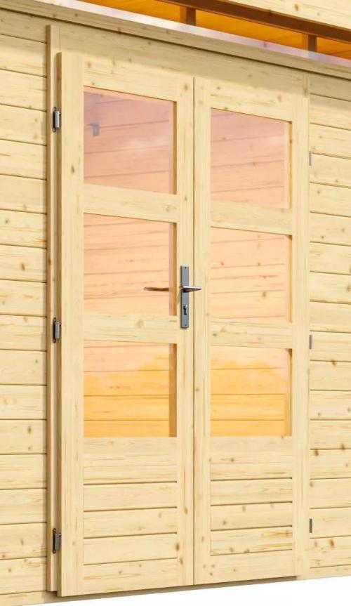 dřevěný domek KARIBU KASTORF 6 + přístavek 320 cm včetně zadní stěny (31544) natur