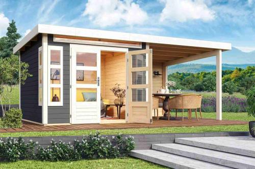 dřevěný domek KARIBU KASTORF 6 + přístavek 320 cm včetně zadní stěny (31547) terragrau