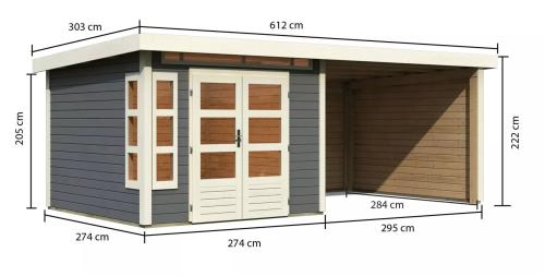 dřevěný domek KARIBU KASTORF 6 + přístavek 320 cm včetně zadní a boční stěny (31549) terragrau