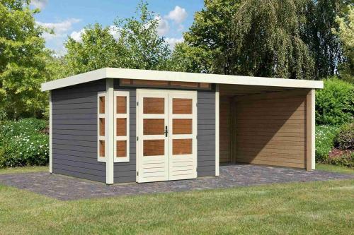 dřevěný domek KARIBU KASTORF 6 + přístavek 320 cm včetně zadní a boční stěny (31549) terragrau