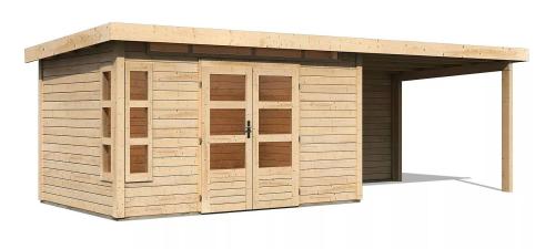 dřevěný domek KARIBU KASTORF 7 + přístavek 320 cm včetně zadní stěny (31558) natur
