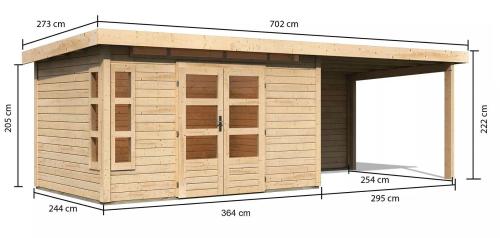 dřevěný domek KARIBU KASTORF 7 + přístavek 320 cm včetně zadní stěny (31558) natur