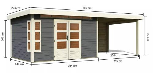 dřevěný domek KARIBU KASTORF 7 + přístavek 320 cm včetně zadní stěny (31559) terragrau