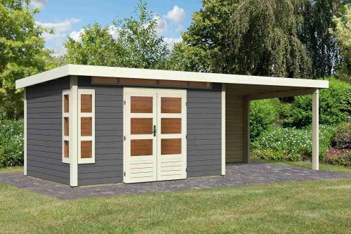 dřevěný domek KARIBU KASTORF 7 + přístavek 320 cm včetně zadní stěny (31559) terragrau