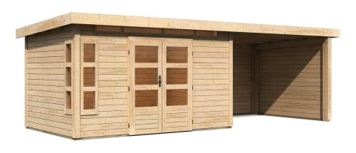 dřevěný domek KARIBU KASTORF 7 + přístavek 320 cm včetně zadní a boční stěny (31560) natur