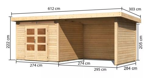 dřevěný domek KARIBU KANDERN 6 + přístavek 320 cm včetně zadní a boční stěny (83000) natur