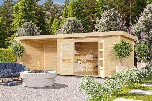 dřevěný domek KARIBU KANDERN 7 + přístavek 320 cm včetně zadní a boční stěny (83004) natur