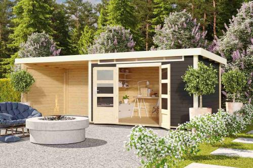 dřevěný domek KARIBU KANDERN 7 + přístavek 320 cm včetně zadní a boční stěny (9256) terragrau