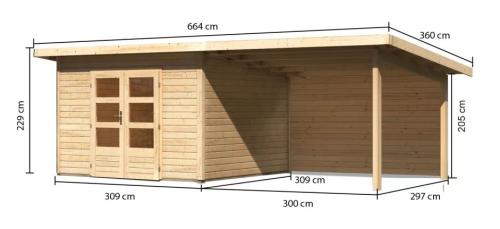 dřevěný domek KARIBU NORTHEIM 3 + přístavek 330 cm včetně zadní stěny (9271) natur