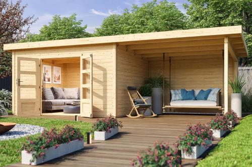 dřevěný domek KARIBU NORTHEIM 4 + přístavek 330 cm včetně zadní stěny (9273) natur