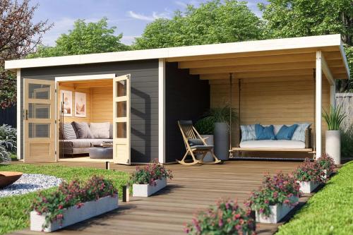 dřevěný domek KARIBU NORTHEIM 4 + přístavek 330 cm včetně zadní stěny (9274) terragrau