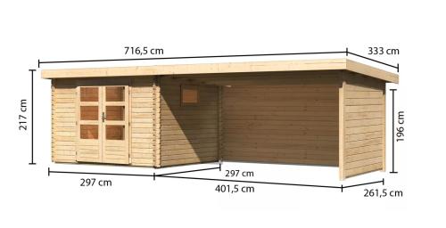 dřevěný domek KARIBU TRITTAU 3 + přístavek 440 cm včetně zadní a boční stěny (10051) natur