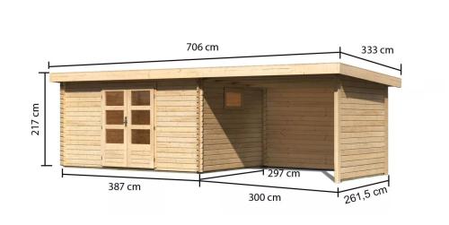 dřevěný domek KARIBU TRITTAU 5 + přístavek 330 cm včetně zadní a boční stěny (10061) natur