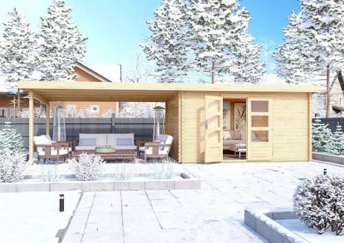 dřevěný domek KARIBU TRITTAU 5 + přístavek 440 cm (91547) natur 