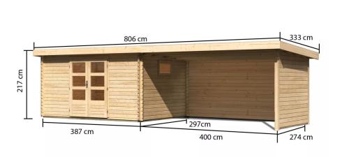 dřevěný domek KARIBU TRITTAU 5 + přístavek 440 cm včetně zadní a boční stěny (10063) natur