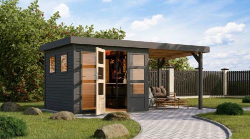 fa kerti ház KARIBU LAHAR 3,5 + menedékhely 240 cm (12486) terragrau