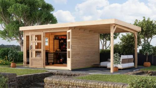 dřevěný domek KARIBU LAHAR 6 + přístavek 240 cm (12134) natur