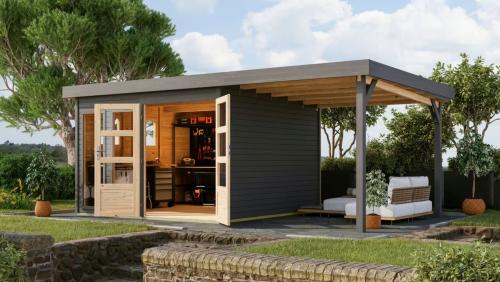 dřevěný domek KARIBU LAHAR 6 + přístavek 240 cm (12488) terragrau